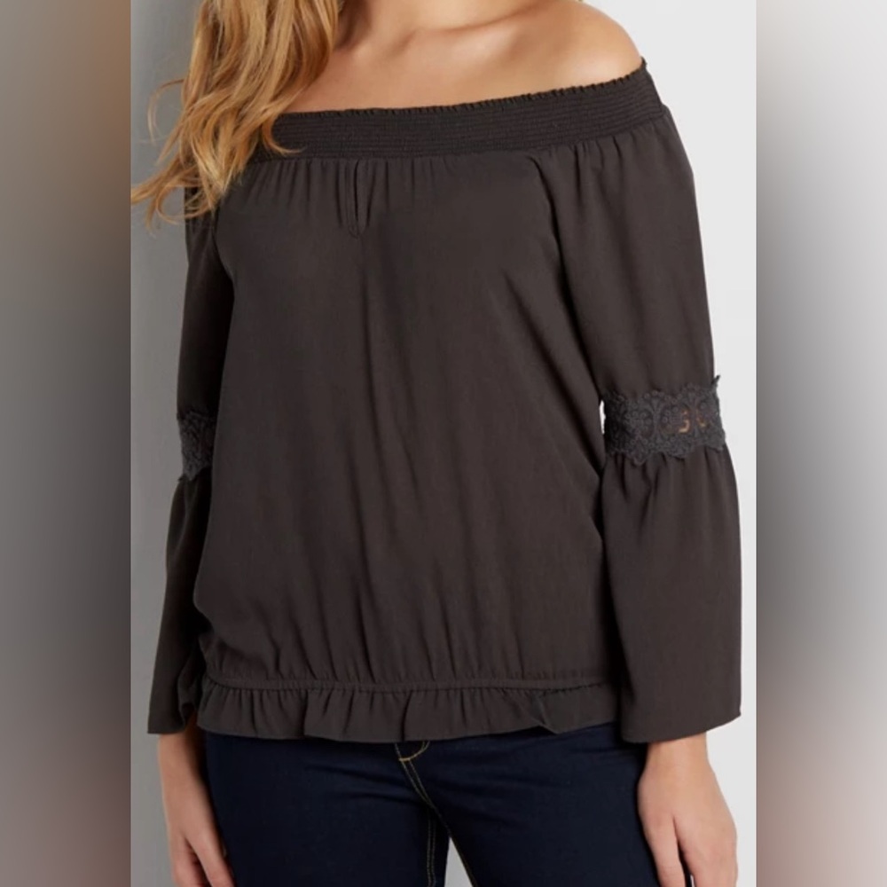 MAURICES size MEDIUM slate gray, off the shoulders blouse.